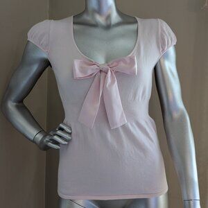 The Limited Pastel Pink Short Puff Sleeve Sweater with Satin Neckline Bow